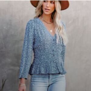 VICI Floral V-neck Button Down Peplum Top | XS
